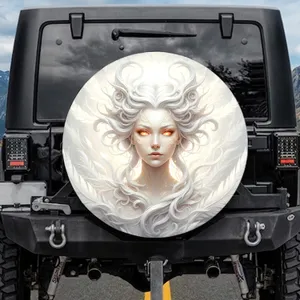 Ethereal Goddess Face Glowing Orange Eyes Golden Linear Patterns - Home Decor Gift Spare Tire Cover