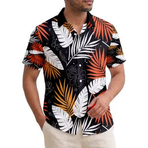 Orange Red Palm Fronds White Broad Leaf Foliage Black Background - Tropical Lover Gift Hawaiian Shirt