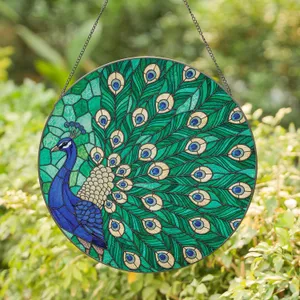 Proud Peacock Majestic Tail Teal Emerald Mosaic - Home Decor Gift for Bird Lovers Stained Glass Suncatcher