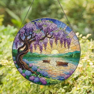 Gnarled Wisteria Tree Blossoms Lake Golden Sun Hills - Home Decor Gift for Nature Lovers Stained Glass Suncatcher