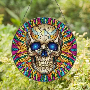 Tiffany Inspired Stained Glass Skull Mosaic - Cosmic Blue Golden Home Decor Gift Stained Glass Suncatcher