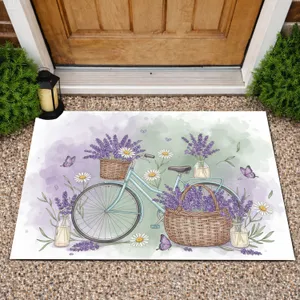 Pale Blue Bicycle Lavender Wicker Basket Daisies Butterflies - Farmhouse Home Decor Gift Doormat
