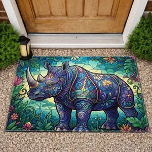 Stained Glass Cloisonné Rhinoceros Floral Jungle Wildlife Lover Gift Doormat