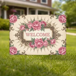 Pink Blush Peonies Rosebuds Floral Antique Gold Scrollwork - Home Decor Gift Yard Sign