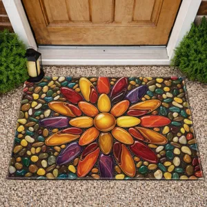 Earthy Polished River Stone Sunburst Flower Mosaic - Entryway Decor Gift Doormat
