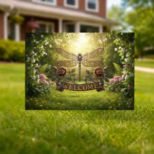 Rustic Metal Dragonfly Welcome Roses - Garden Home Decor Gift Yard Sign