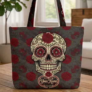 Ornate Sugar Skull Red Roses Filigree Day of the Dead - Everyday Carry Gift Quilted Tote Bag