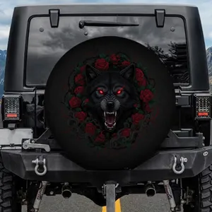 Black Wolf Head Red Roses Thorny Vines - Fantasy Lover Gift Spare Tire Cover