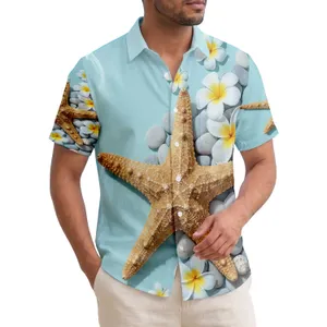 Golden Starfish Sea Pebbles Plumeria - Beach Home Decor Gift for Ocean Lover Hawaiian Shirt