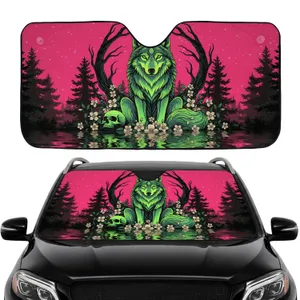Neon Green Wolf Skulls Dark Forest - Car Interior Upgrade Car Sunshade