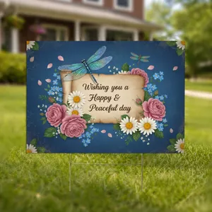 Wishing You Happy Peaceful Day Dragonfly Rose Daisy Scroll - Home Decor Yard Sign