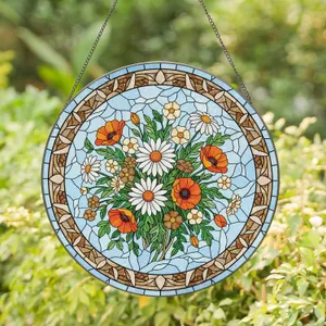 White Daisy Orange Poppy Flowers Green Leaves Sunlit Sky - Home Decor Gift Stained Glass Suncatcher