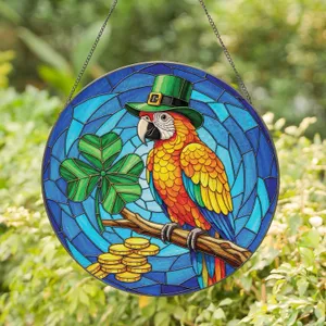 Parrot Leprechaun Hat Four-Leaf Clover Golden Coins - St. Patrick's Day Home Decor for Luck Collector Stained Glass Suncatcher