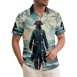 Lone Pirate Figure Turbulent Sea Vintage World Map Compass Rose - Sailor Travel Gift Hawaiian Shirt