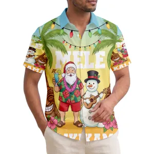 Mele Kalikimaka Santa Snowman Tiki Palms - Tropical Christmas Gift Hawaiian Shirt