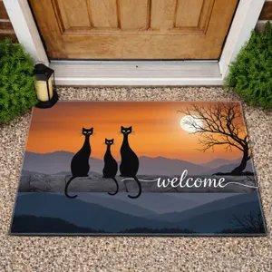 Spooky Black Cat Moon Welcome Sunset - Rustic Home Decor Gift for Cat Lover Doormat