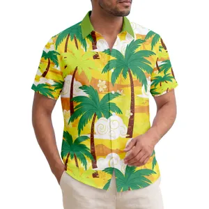 Bold Palm Trees Fluffy Clouds Sunny Yellow Sky - Summer Vacation Beach Getaway Travel Essentials Hawaiian Shirt