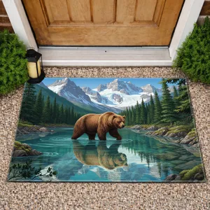Grizzly Bear Mountain Lake Pine Forest Snow Peaks - Wildlife Home Decor Gift Doormat