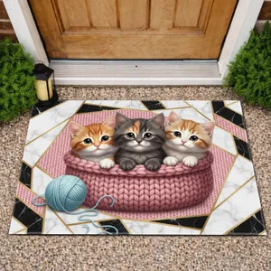 Snuggled Four Kittens Blue Yarn Rose Pink Knitted Blanket - Cat Lover Home Decor Gift Doormat