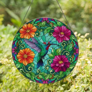 Hummingbird Crowned Blossoms Vibrant Floral Mosaic - Garden Decor Wildlife Lover Gift Stained Glass Suncatcher