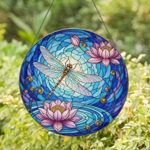 Vibrant Dragonfly Lotus Swirling Water Stained Glass Mosaic - Home Decor Gift Stained Glass Suncatcher