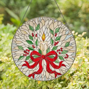 Pillar Candle Red Ribbon Bow Winter Berries - Christmas Gift Home Decor Stained Glass Suncatcher