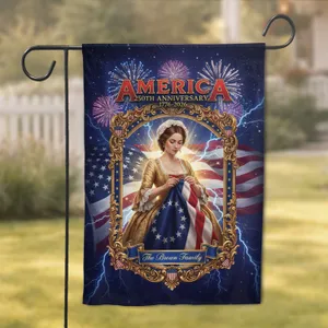 Betsy Ross Sewing American Flag 1776-2026 - USA 250th Anniversary Independence Day  Custom Family Name Garden Flag