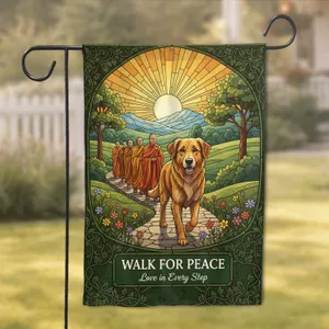 Monk Dog Walk for Peace - Peaceful Living Gift for Spiritual Seekers Garden Flag