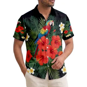 Red Orange Hibiscus Green Palm Macaw White Plumeria Dark Ocean Foliage - Travel Essentials Hawaiian Shirt