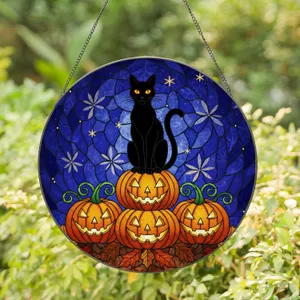 Black Cat Jack-o'-Lantern Stack - Halloween Home Decor Gift for Cat Lover Stained Glass Suncatcher