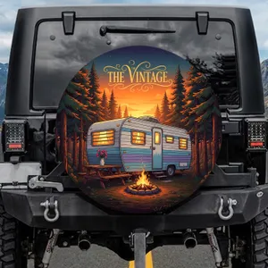 Vintage Travel Trailer Campfire Twilight Sky - Road Trip Camping Gift Spare Tire Cover