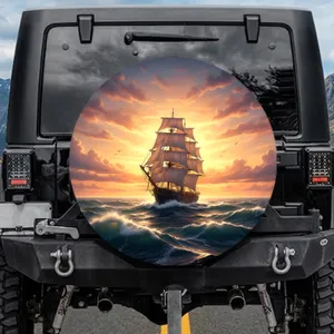 Magnificent Three-Masted Clipper Ship Ocean Waves Sunset Sky - Outdoor Adventure Gift Spare Tire Cover