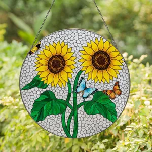 Vibrant Yellow Floral Sunflowers Butterflies Nature Lover Home Decor Gift Stained Glass Suncatcher