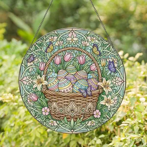 Woven Wicker Easter Basket Patterned Eggs Butterflies - Easter Home Decor Gift Stained Glass Suncatcher