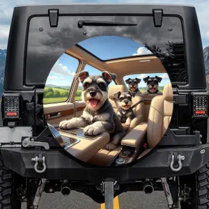 Joyful Realistic Schnauzer Dog Family Road Trip Comfortable Vehicle Interior - Pet Owner Gift Spare Tire Cover