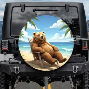 Grizzly Bear Lounging Beach Chair Tropical Scene - Wildlife Lover Gift Spare Tire Cover