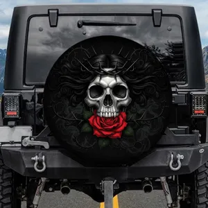 Gothic Skull Thorny Crown Red Rose - Dark Fantasy Home Decor Gift Spare Tire Cover