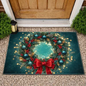 Christmas Wreath Red Bow Berries Ornaments - Christmas Holiday Decor Doormat