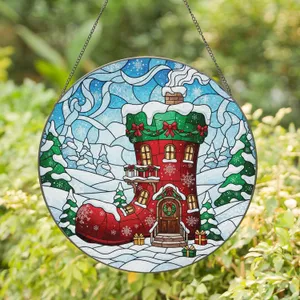 Christmas Boot House Winter Scene - Holiday Home Decor Gift Stained Glass Suncatcher