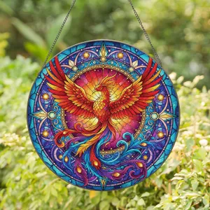 Phoenix Wide Wings Ornate Tail Swirling Frame Starburst - Home Decor Gift for Mythology Lover Stained Glass Suncatcher