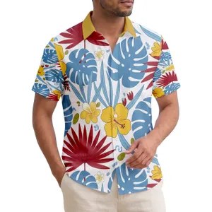 Blue Monstera Red Palmate Leaves Yellow Hibiscus Flowers - Tropical Lifestyle Decor Gift Hawaiian Shirt