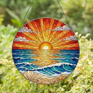 Ocean Sunset Beach Shells Starfish - Home Decor Gift for Beach Lover Stained Glass Suncatcher