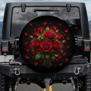 Velvet Red Rose Bouquet Petals Dew Drops Opulent Black - Floral Decor Gift Spare Tire Cover