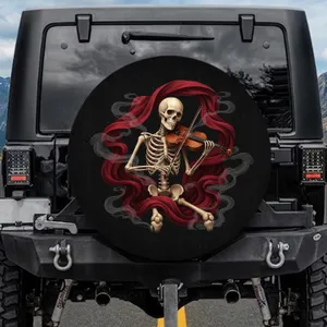 Aged Skeleton Violinist Crimson Fabric Drapes - Dramatic Travel Accessory For Cars Spare Tire Cover