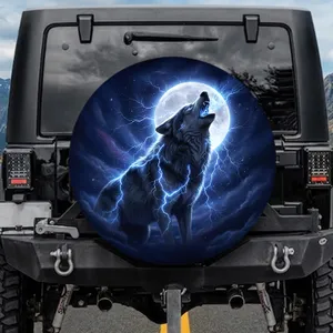 Majestic Howling Wolf Electric Lightning Cosmic Night Sky - Wildlife Lover Gift Spare Tire Cover