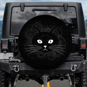 Watchful Black Cat Face Whiskers Smoky Wisps - Cat Lover Home Decor Gift Spare Tire Cover