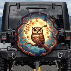 Owl on Gnarled Branch Full Moon Autumn Leaves - Nature Lover Gift Spare Tire Cover