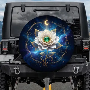 White Flower Emerald Gemstone Celestial Moon - Cosmic Decor Gift Spare Tire Cover