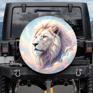 Majestic White Lion Head Magenta Eyes Turquoise Nose Pastel Sky - Wildlife Lover Gift Spare Tire Cover