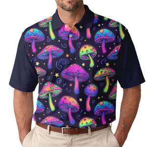 Polka Dot Striped Cap Mushrooms with Glowing Stars - Fantasy Lover Gift Men's Polo Shirt